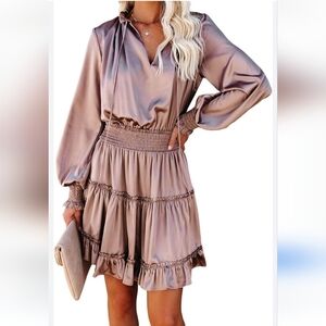 Aeom Satin Mauve Ruffled Long Sleeve Dress Small